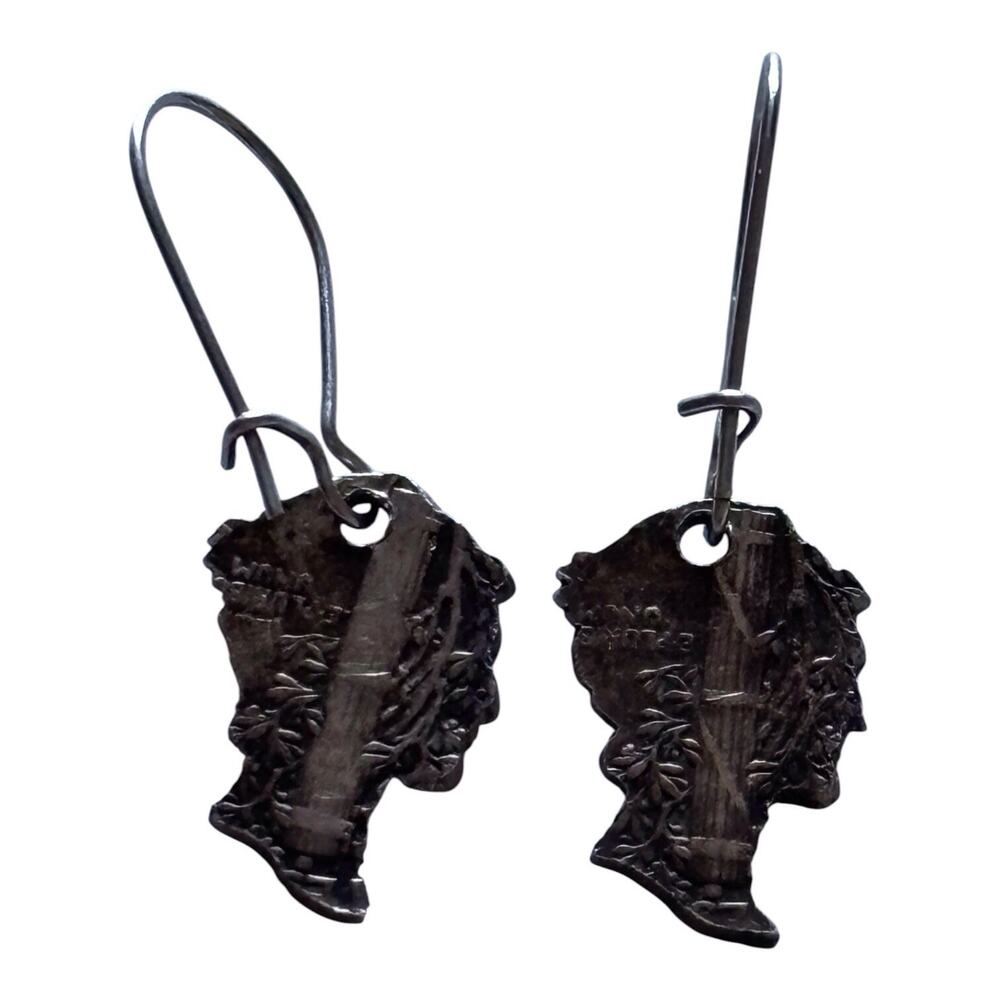 90% Silver Mercury 1942 Dimes Cut Out Head & Liberty Dangle Earrings vintage - Picture 2 of 6